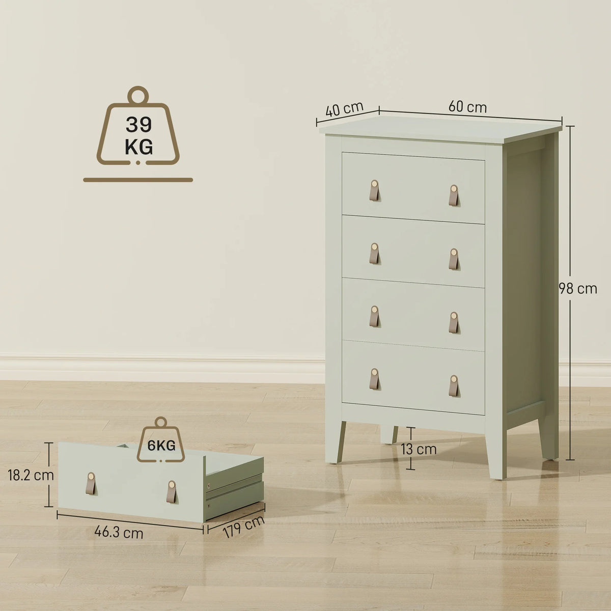 Green 4-drawer dresser cabinet shown with size measurements and four drawer fronts