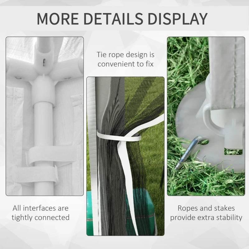 White PE canopy tent with tied seams and corner ropes for extra stability