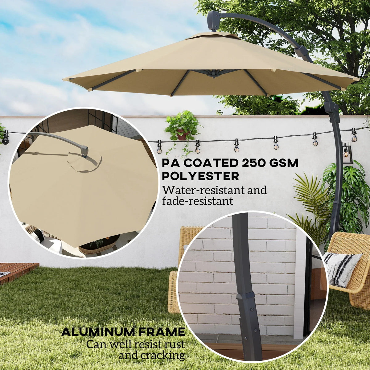 Khaki cantilever parasol with curved arm, segmented canopy, and dark center pole