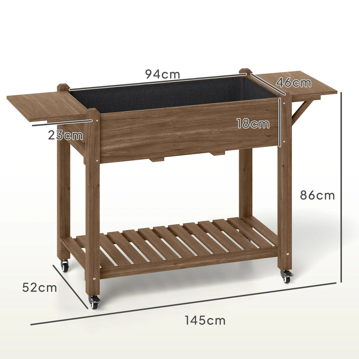 Dark brown wooden raised planter cart with lower shelf and four caster wheels