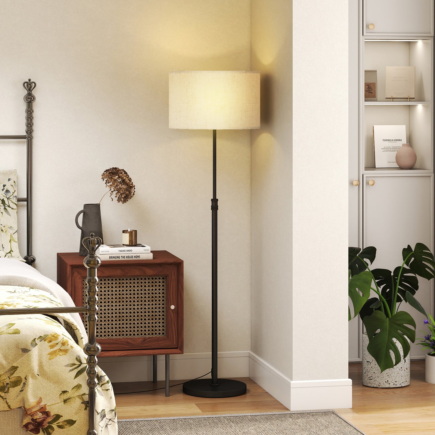 HOMCOM Floor Lamp With Remote Height Adjustable Linen Shade Dimmable 3000K To 6000K Color Temperature Black