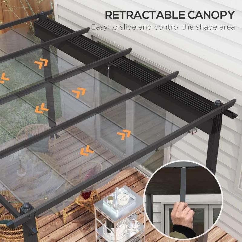 Retractable canopy roof slats on dark grey aluminum pergola with manual control