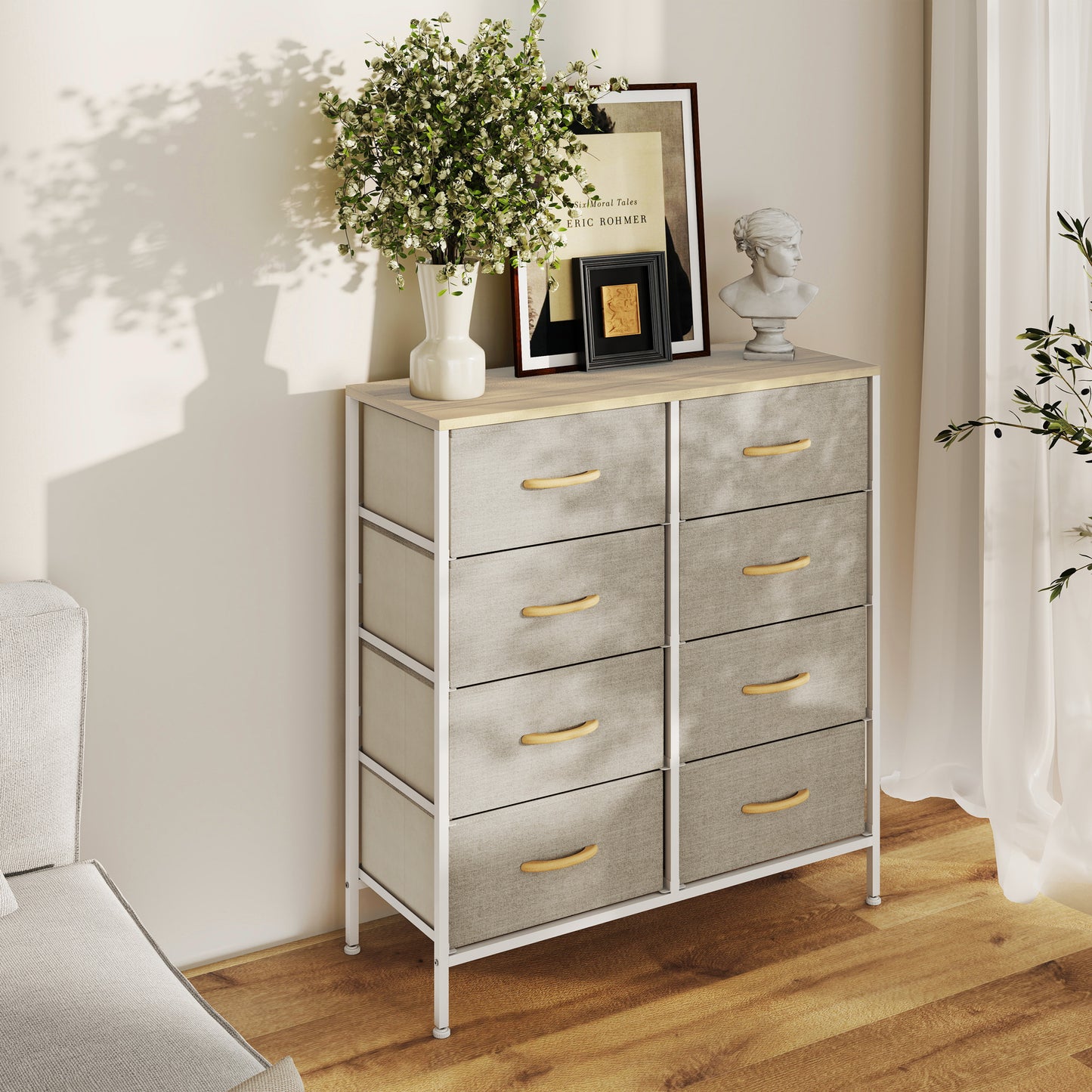HOMCOM Fabric Chest Of Drawers With 8 Fabric Drawers Steel Frame Maple Wood Top Dresser For Nursery Living Room Hallway