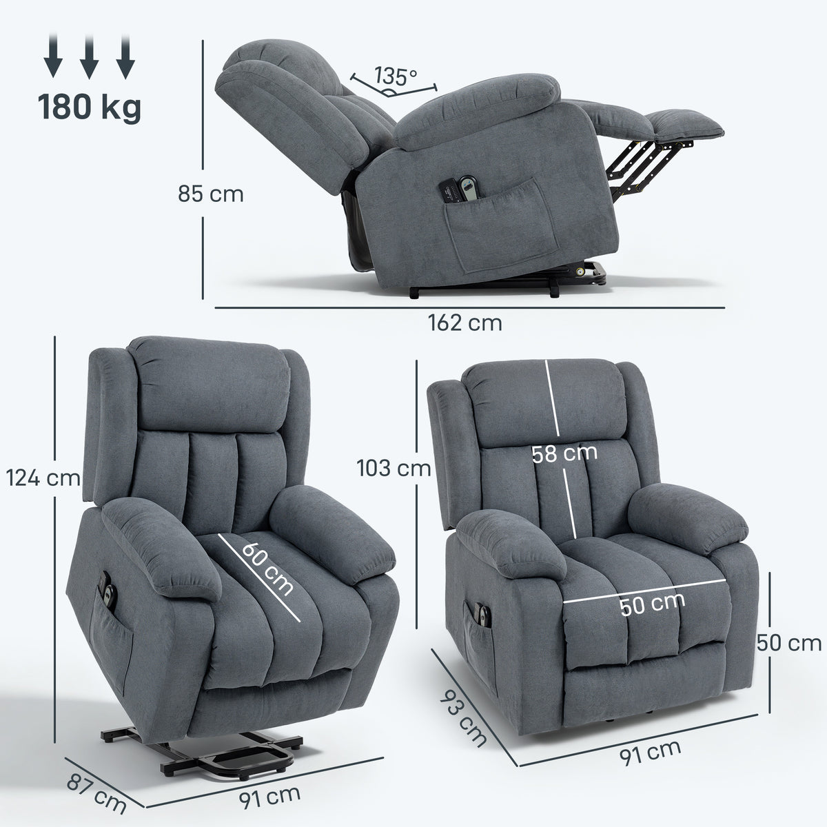 Grey power lift recliner chair shown reclining with footrest and dimensions