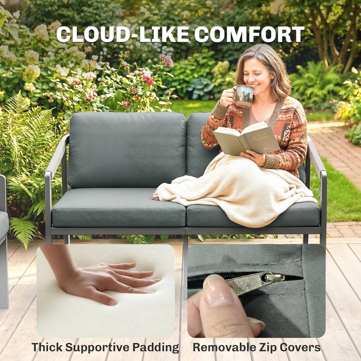 Gray outdoor loveseat cushion with removable zip cover detail