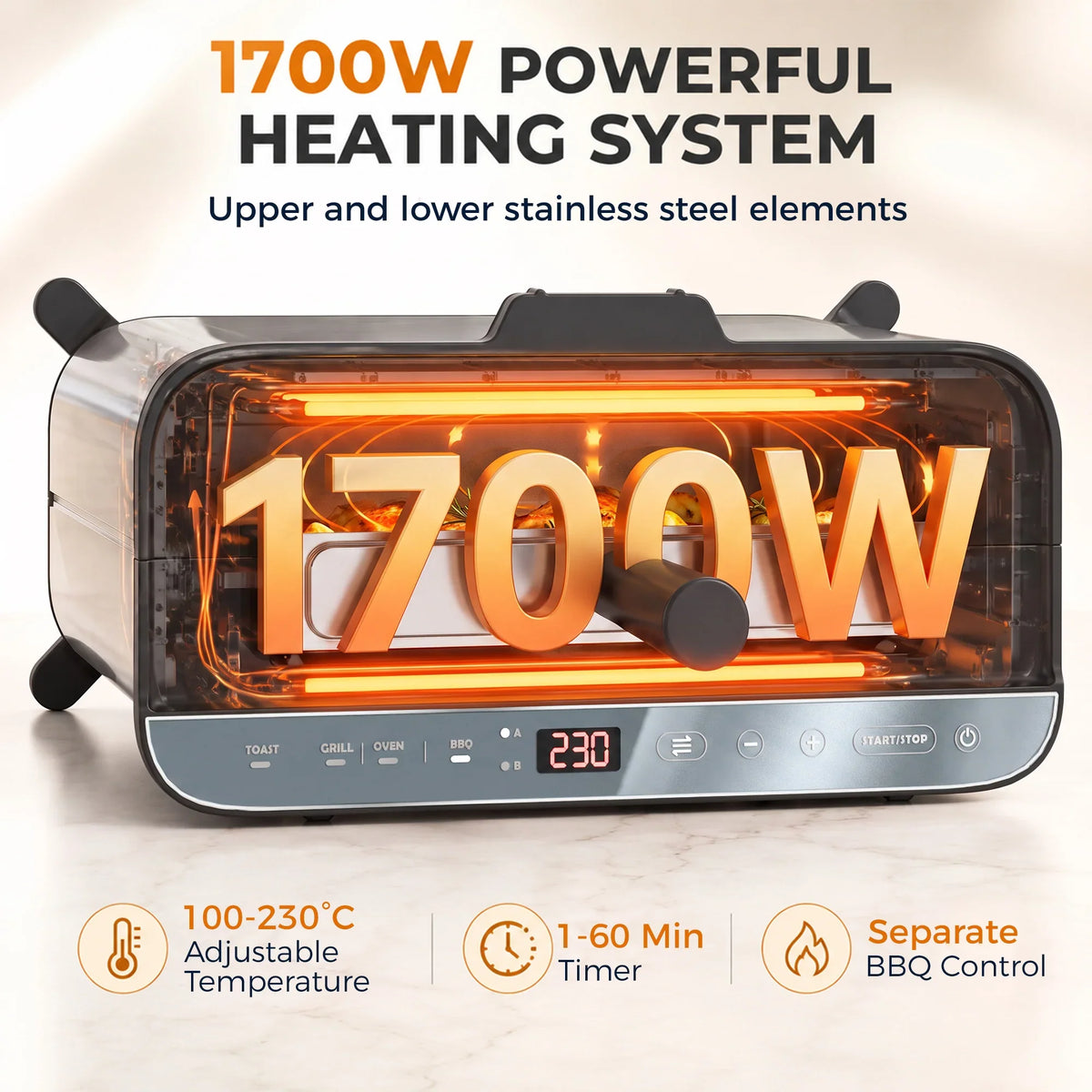 3-in-1 electric countertop oven showing glowing heating elements through the front window
