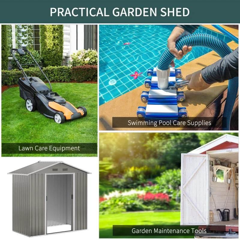 Metal garden storage shed featured in outdoor tool and maintenance storage scenes