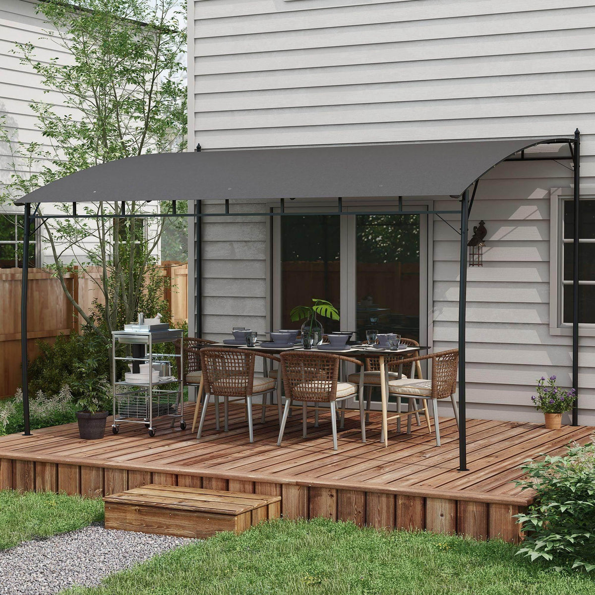 Outdoor pergola gazebo with dark gray canopy and black metal frame over wooden deck