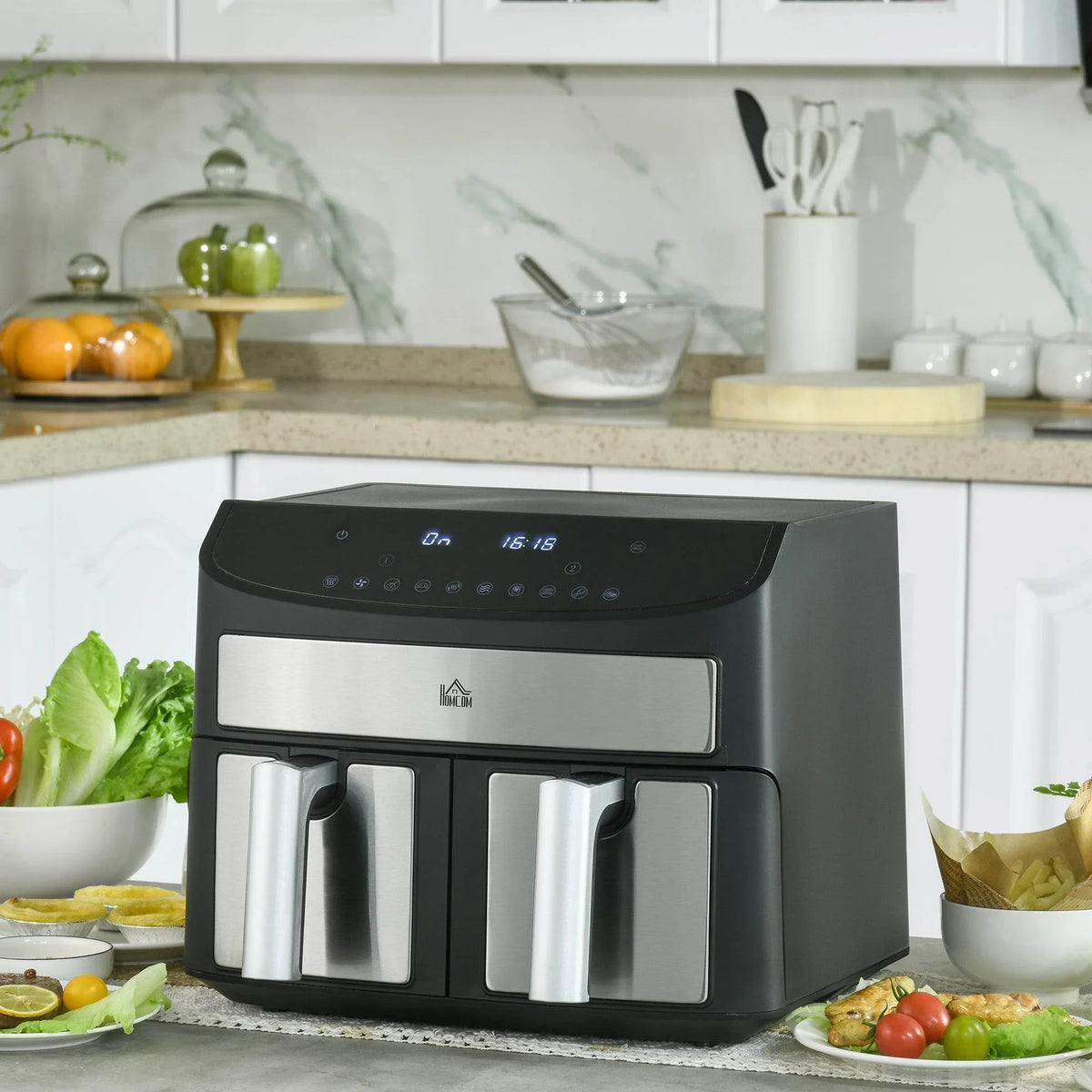 Dual-zone air fryer in black and stainless with two pull-out baskets and touch control panel