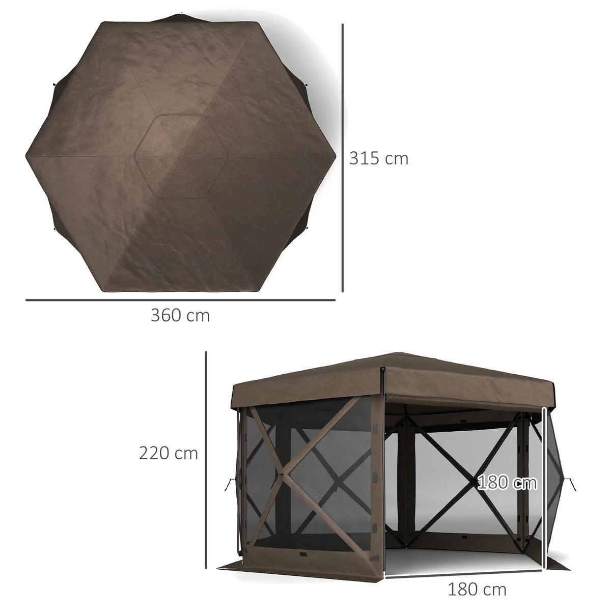 Brown hexagon gazebo size diagram: 360 x 315 x 220 cm, with 180 cm wall height