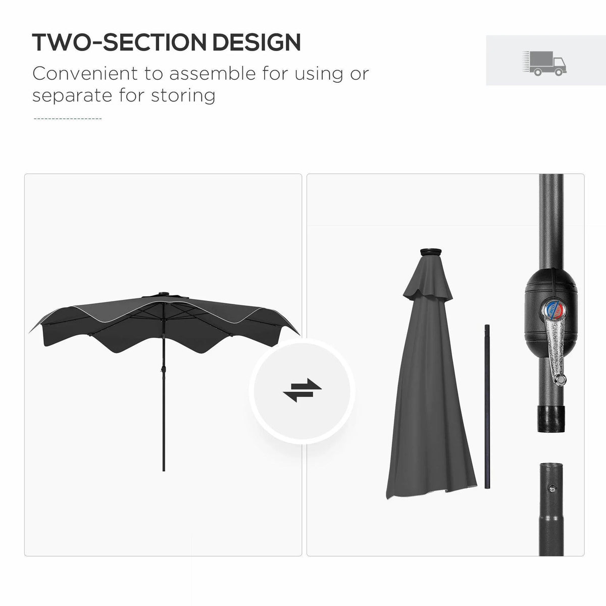 Two-section dark grey patio umbrella canopy with separate folding pieces