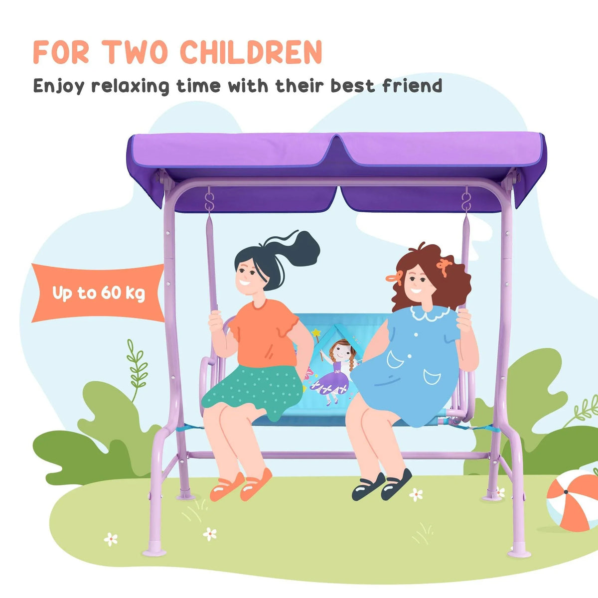 Double-seat kids swing chair with purple canopy and blue seat panel fairy print