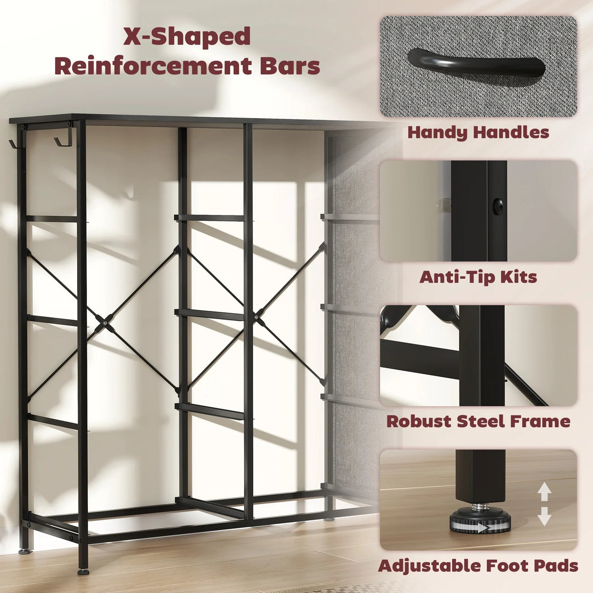 Black steel frame with X-shaped reinforcement bars and adjustable foot pads