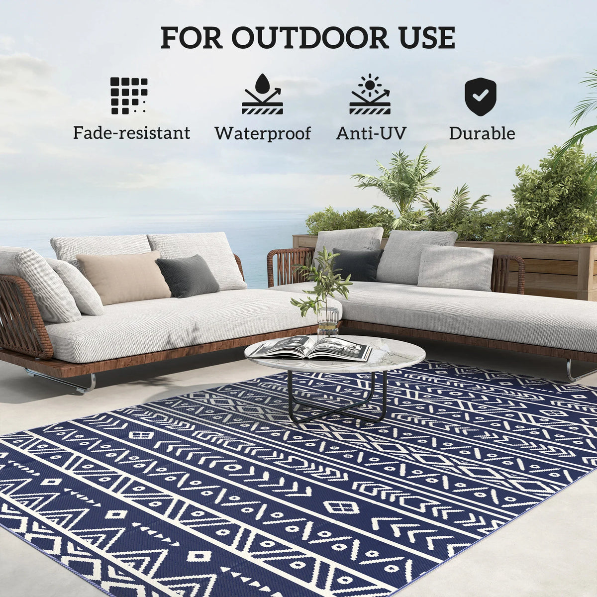 Outdoor rug with dark blue and white repeating geometric design