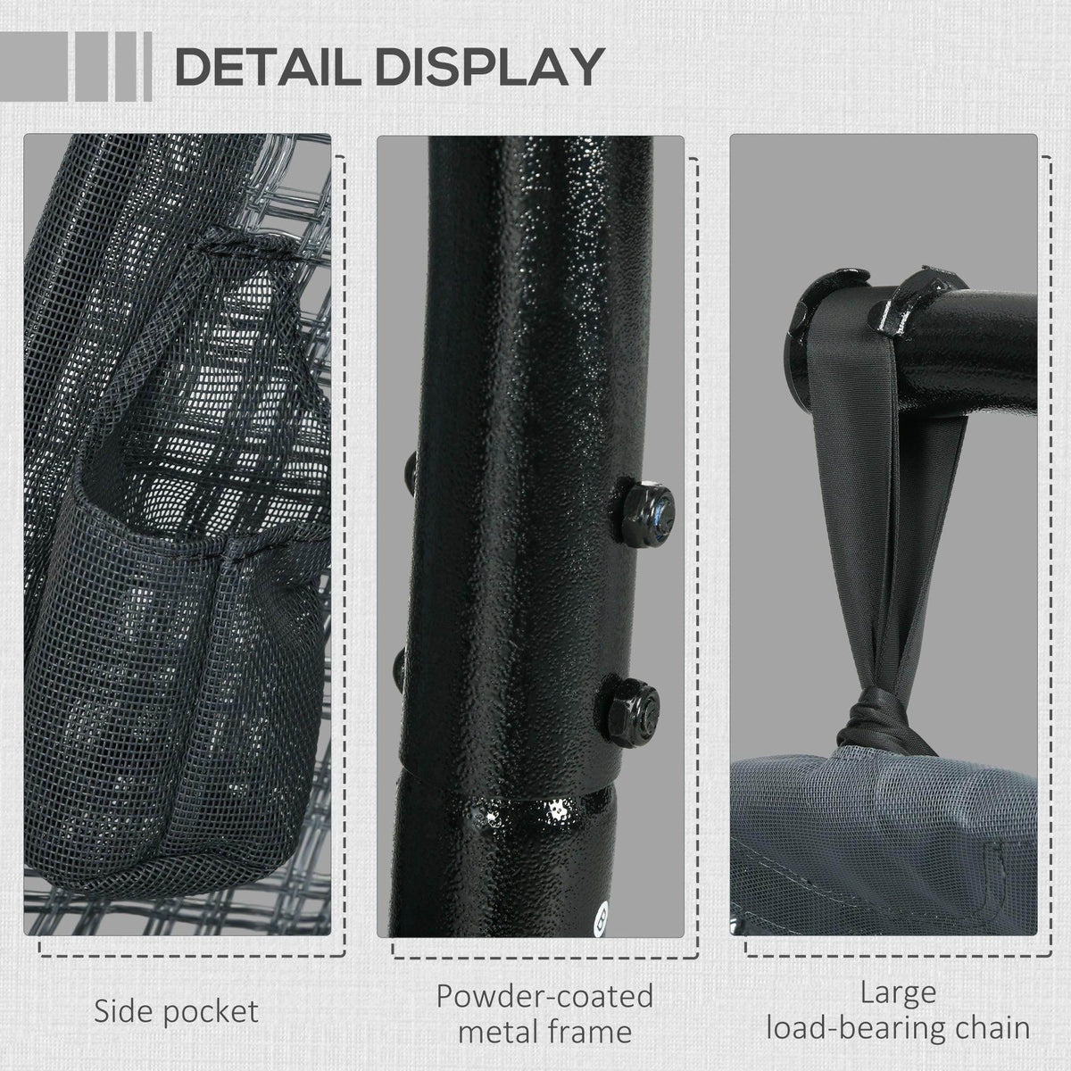 Detail view of dark grey metal frame with non-slip feet, load-bearing chain, and side pocket