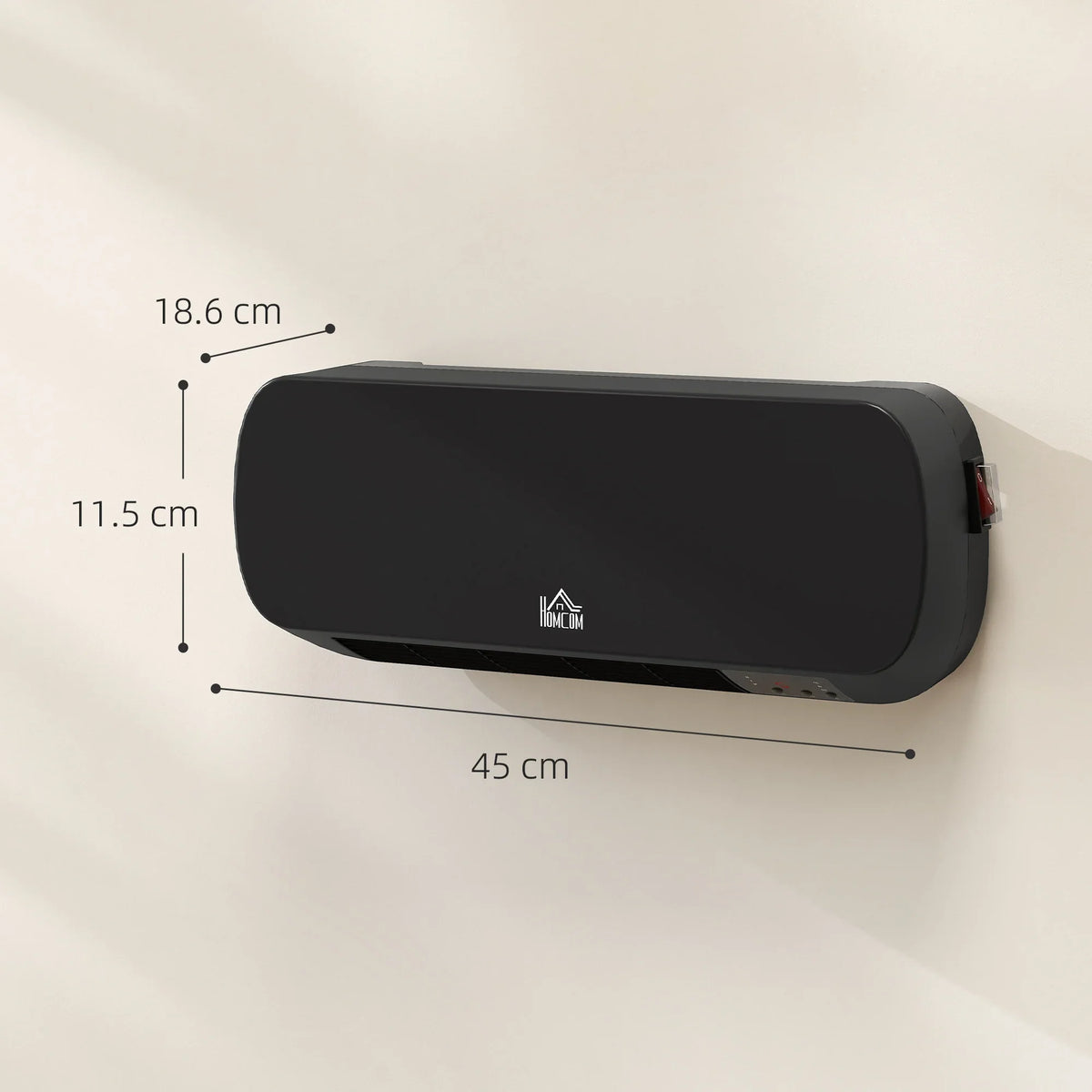 Black wall-mounted space heater with rounded cover and side control panel.