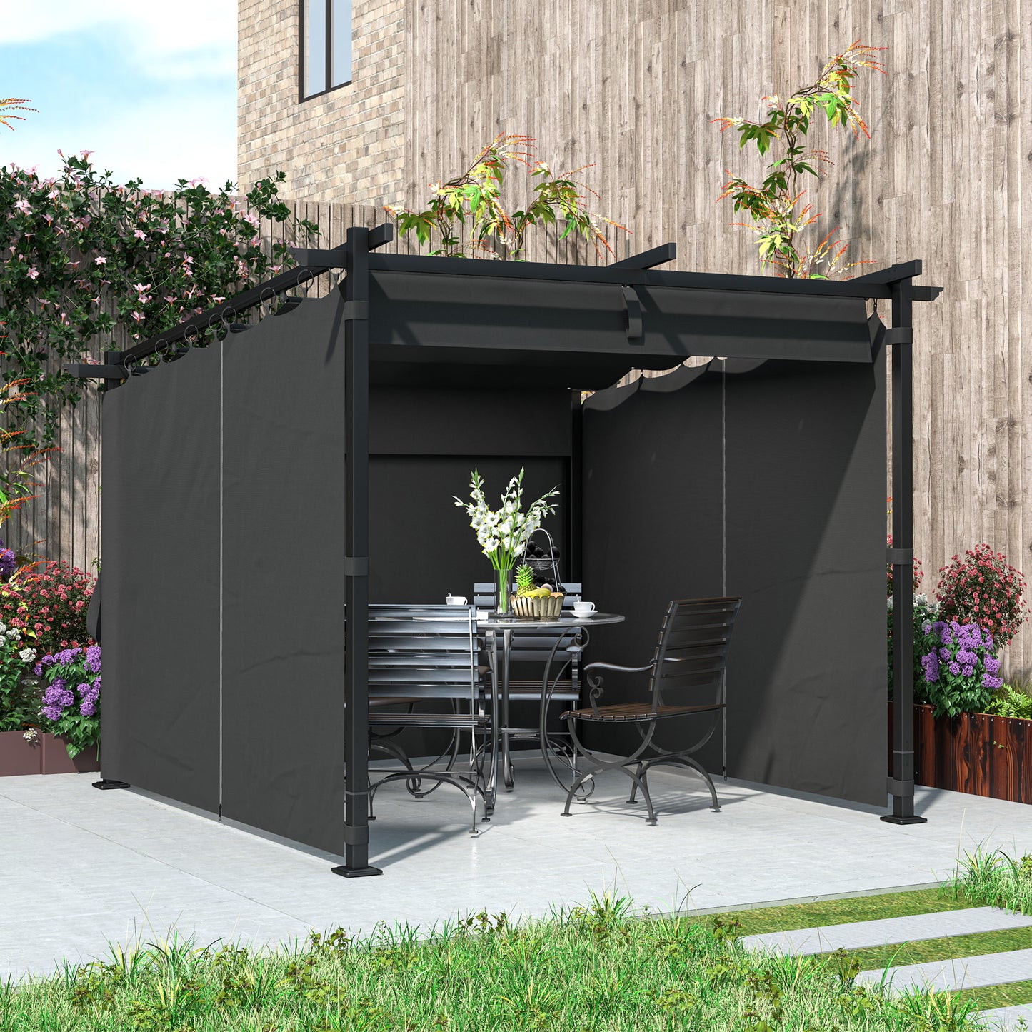 Outsunny 3 x 3 m Retractable Roof Pergola With Curtains Dark Grey Outdoor Patio Shade
