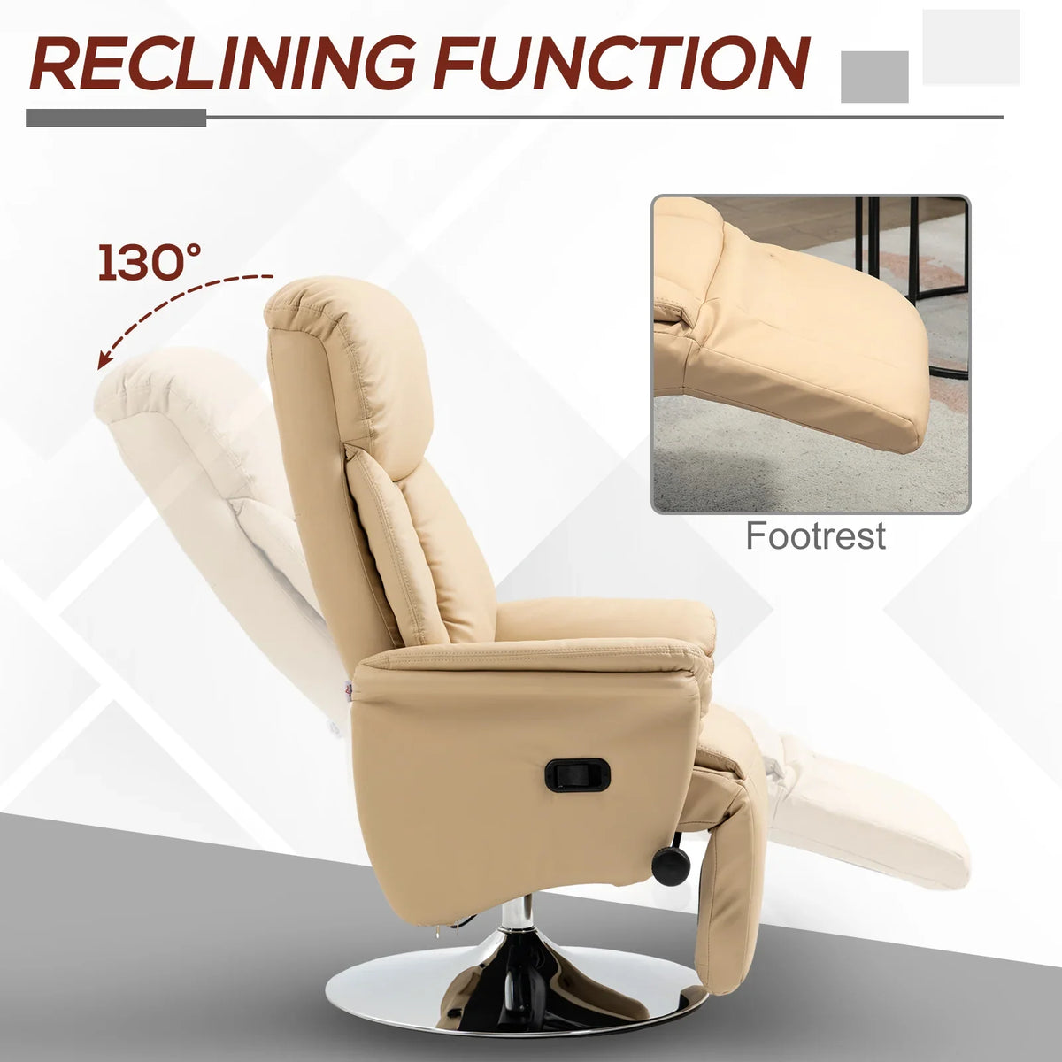 Beige recliner chair showing recline angle and supported footrest position