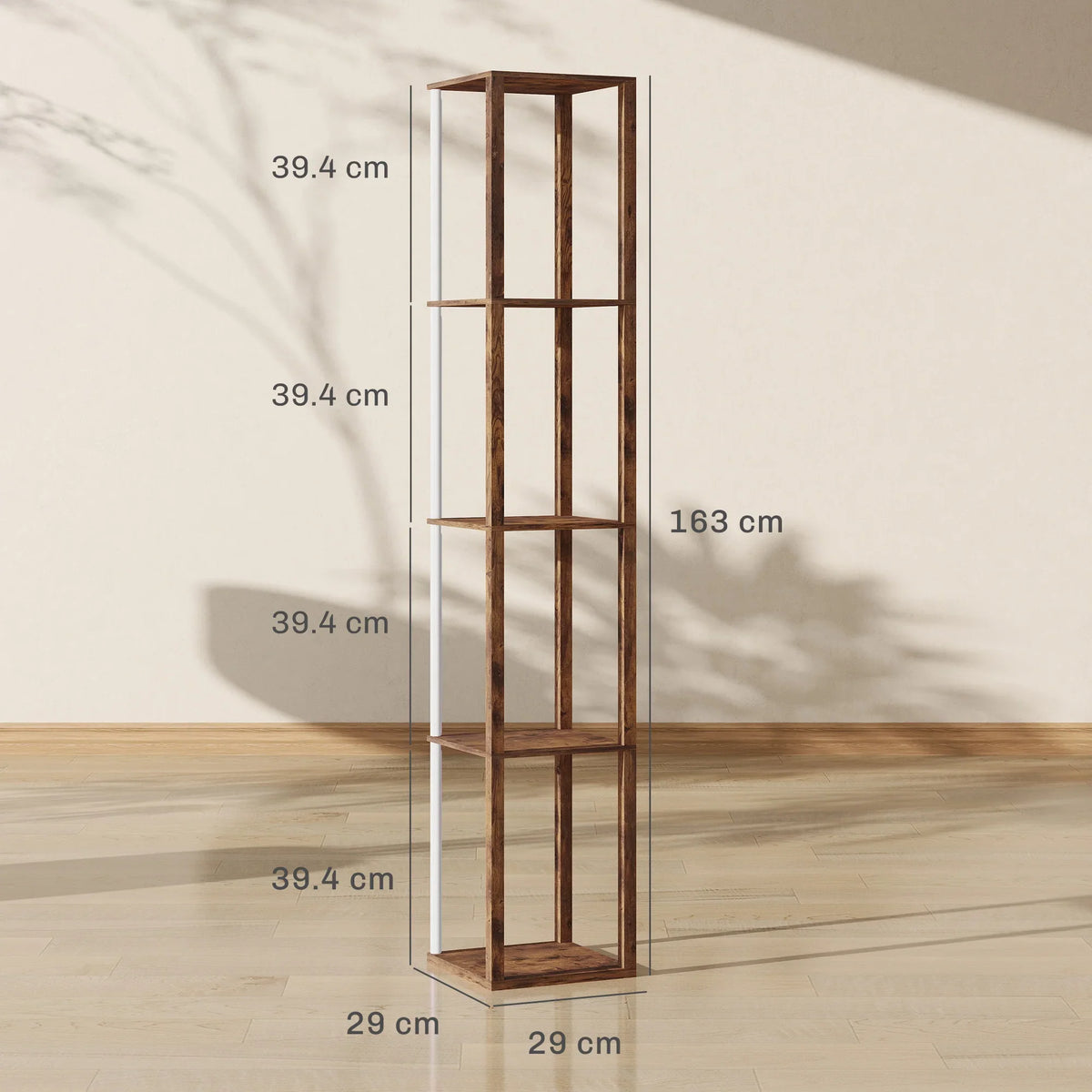Rustic brown RGB LED floor lamp with open shelving shown with height and width measurements