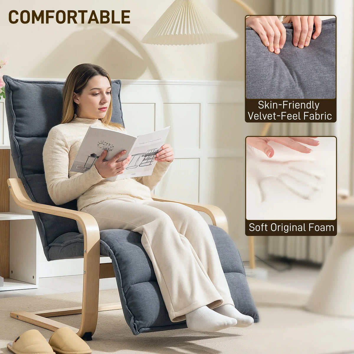 Dark grey velvet recliner chair with adjustable footrest and light wood frame, person relaxing