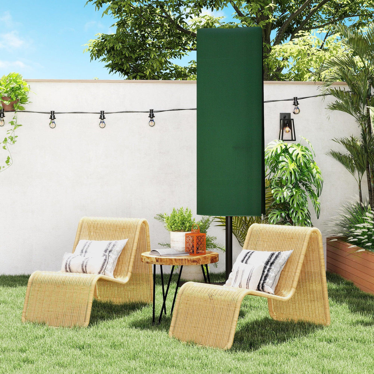 Dark green umbrella cover on stand positioned on patio grass