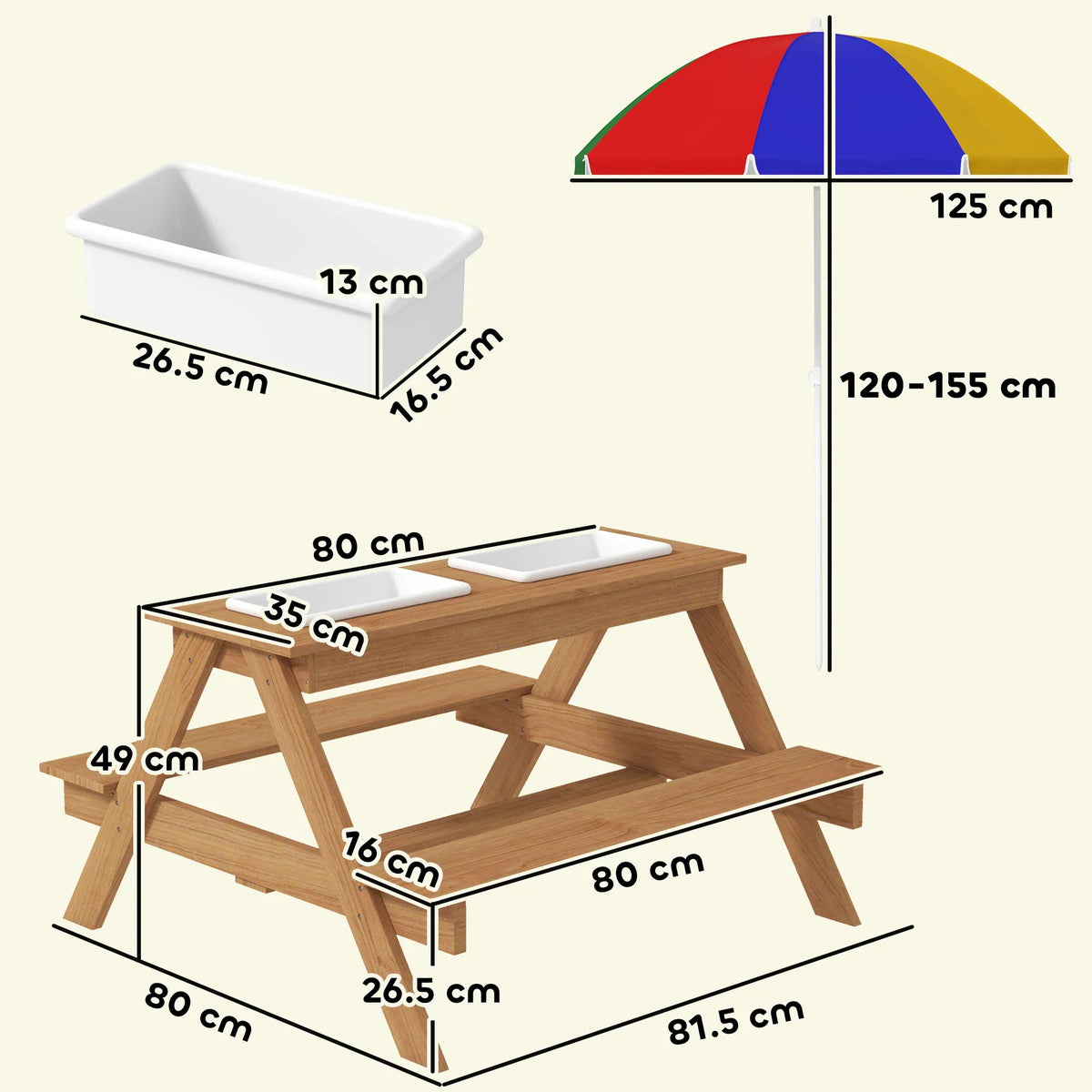 Kids picnic table layout with sand and water bins, storage table and umbrella height 120-155 cm