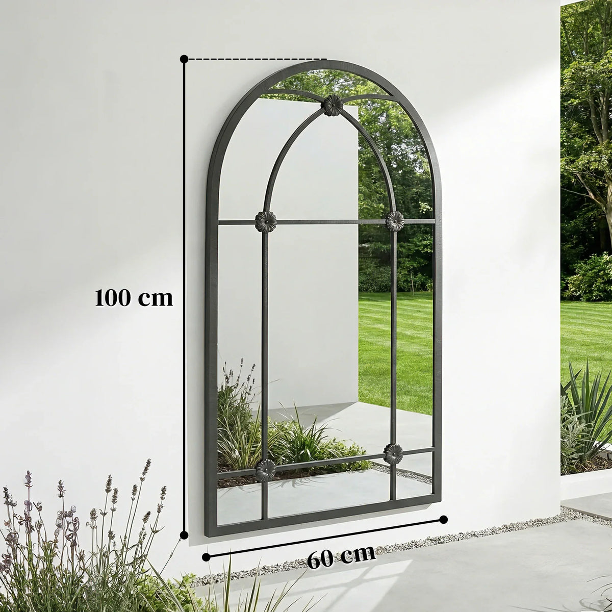 Arched wall mirror with black metal frame, showing approximate 100 x 60 cm size