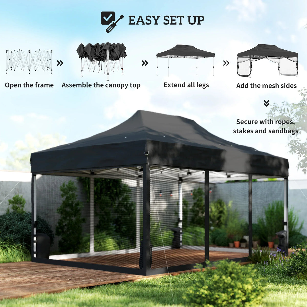 Black pop-up gazebo with mesh curtains and peaked canopy set up in a garden
