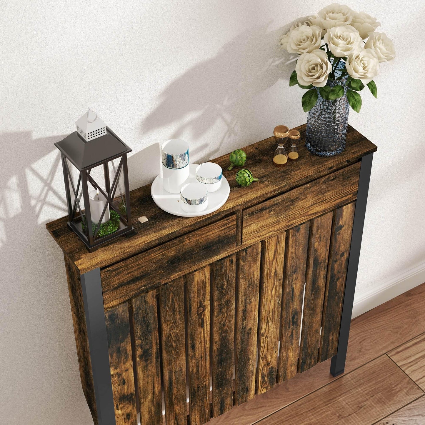 HOMCOM Industrial-Style Wooden Radiator Cover with Drawer - Rustic Brown and Black - ALL4U RETAILER LTD