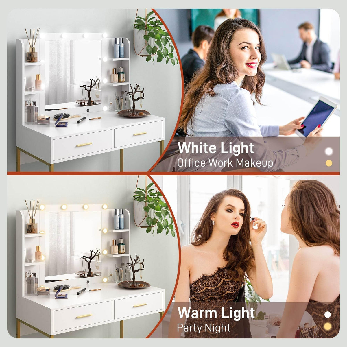 White makeup vanity table set with lighted mirror showing white and warm light effects