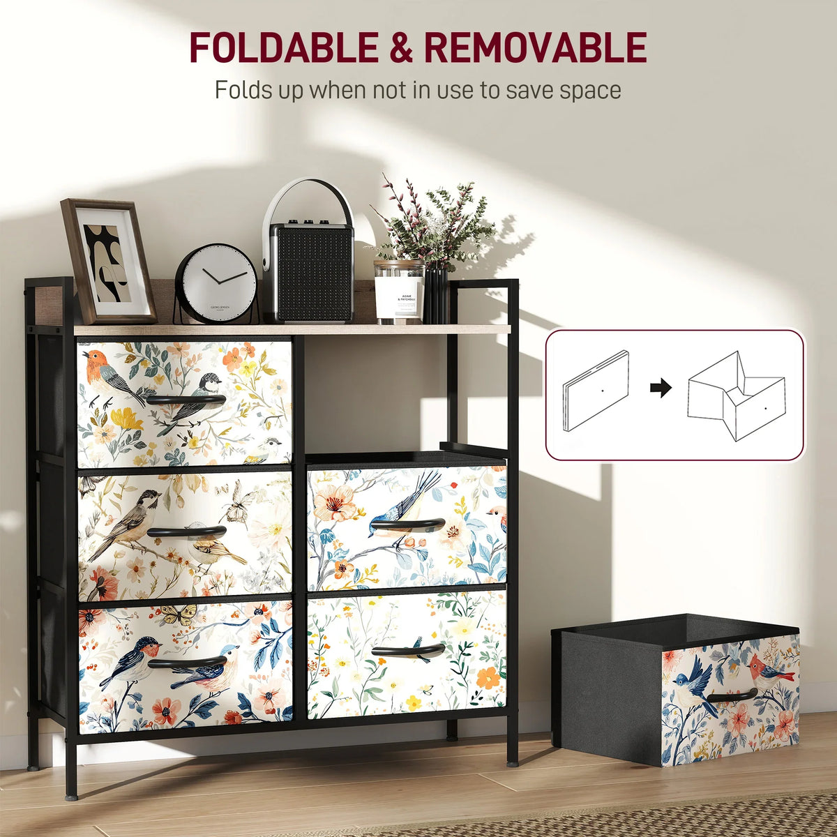 Fabric drawer chest with folding removable drawers, floral fronts on black frame
