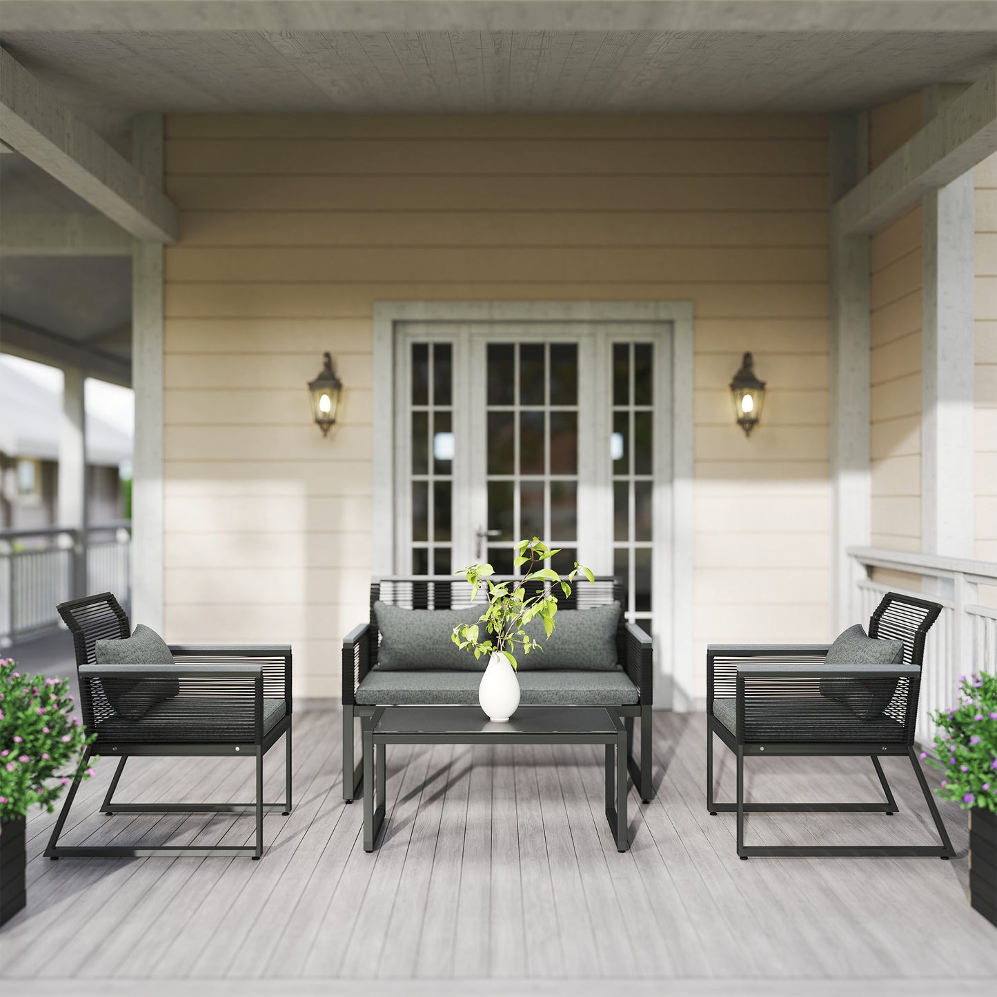 Outsunny Four Piece Rattan Garden Furniture Set Charcoal Grey Outdoor Patio With Coffee Table Wood Top
