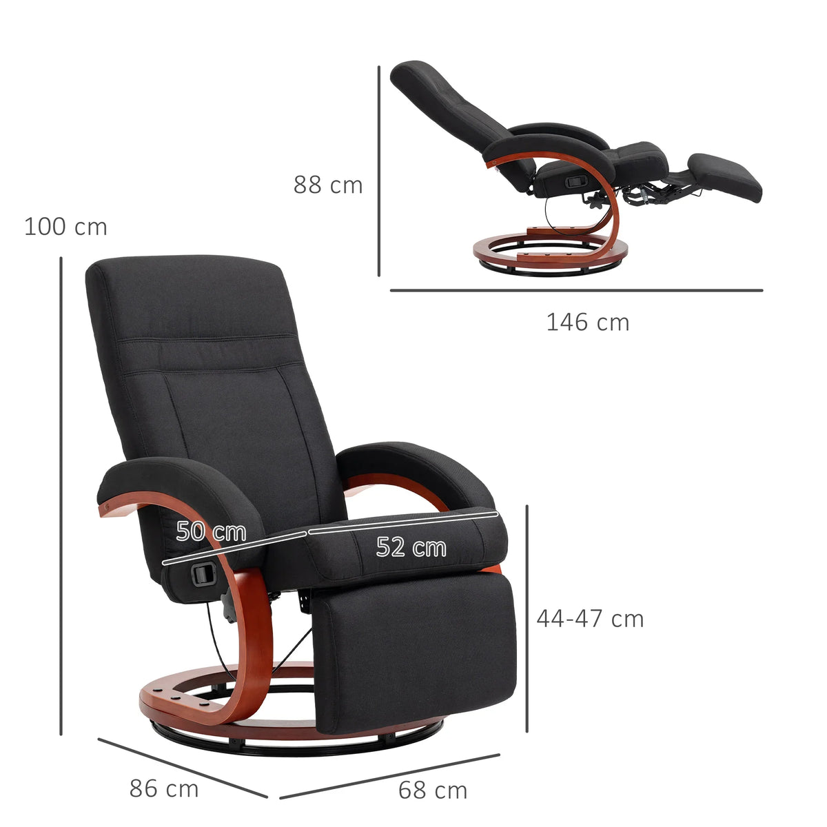 Black reclining swivel chair with footrest, padded arms, and round wooden base