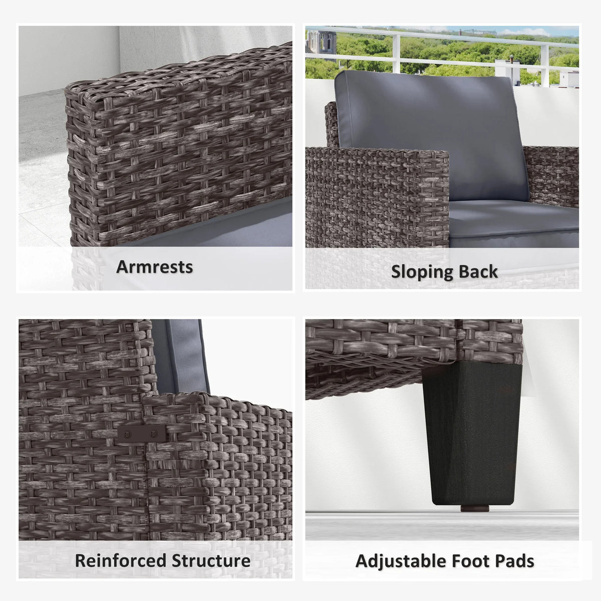 Grey rattan armchair details: armrests, sloping back, reinforced base, adjustable foot pads
