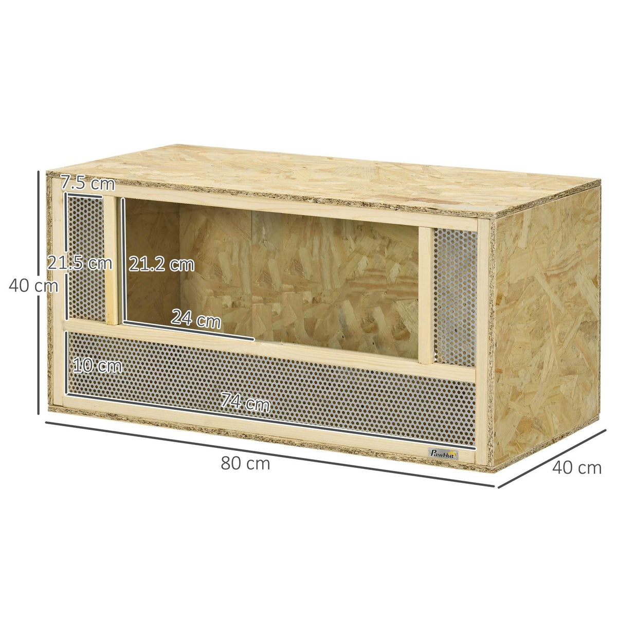 Reptile habitat enclosure with vented mesh panels and front opening, with size dimensions