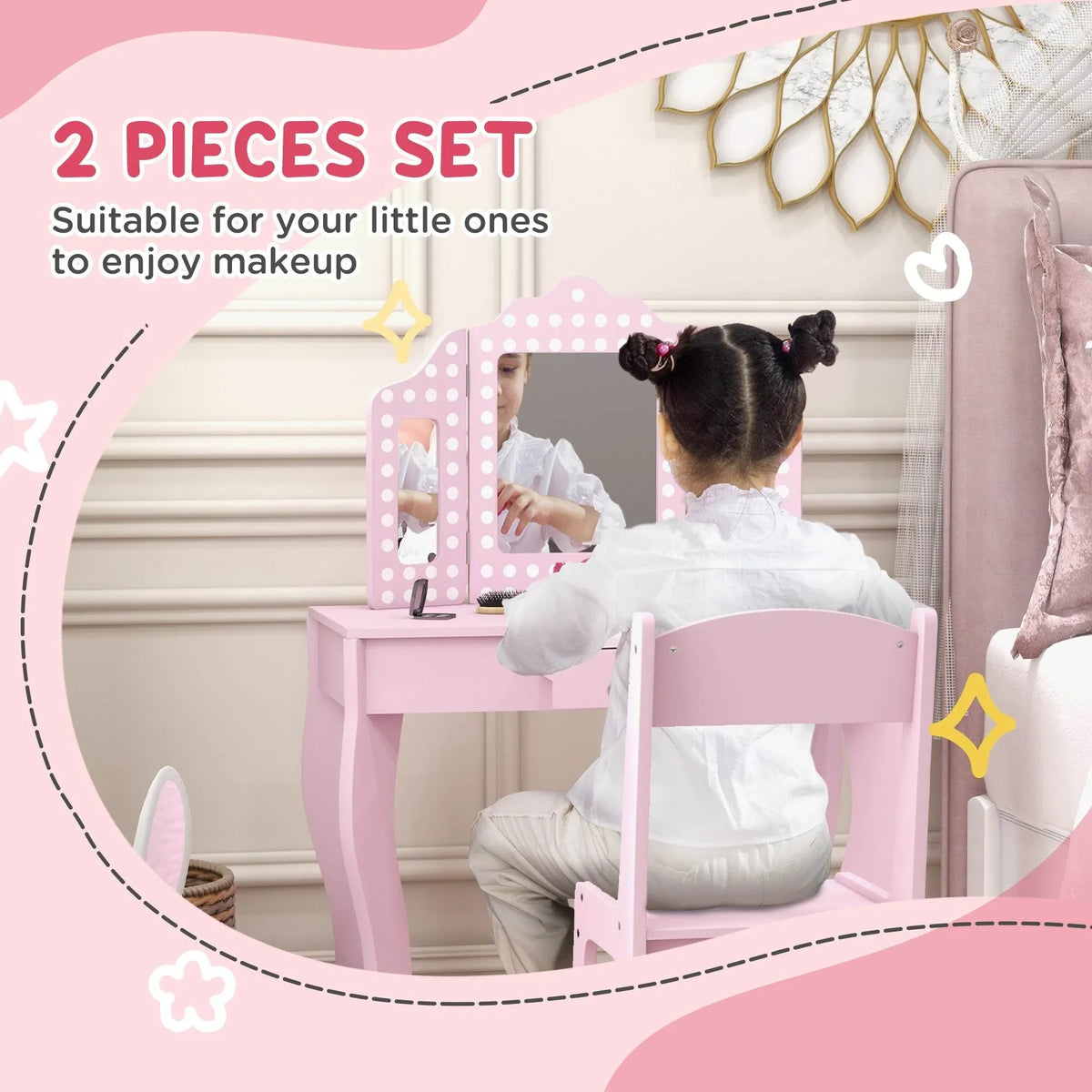 Pink kids vanity table with tri-fold mirror and stool, child playing