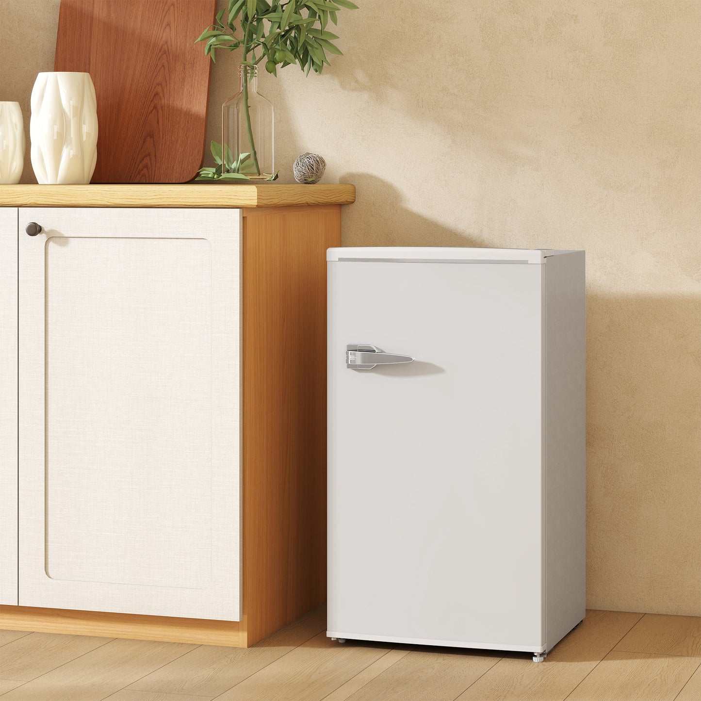 HOMCOM 85L Under Counter Fridge With Chiller Box Small Retro Refrigerator Adjustable Thermostat Glass Shelves White