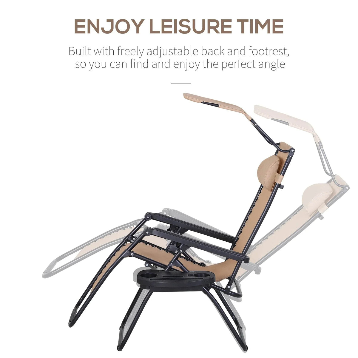 Beige adjustable reclining garden chair with canopy and extended footrest