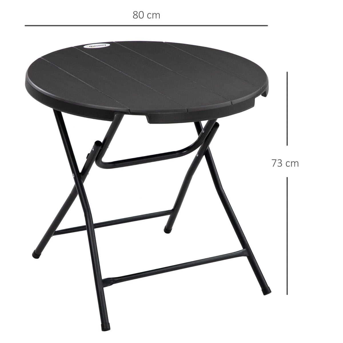 Foldable round outdoor table, dark top, black legs; size 80 cm wide, 73 cm high