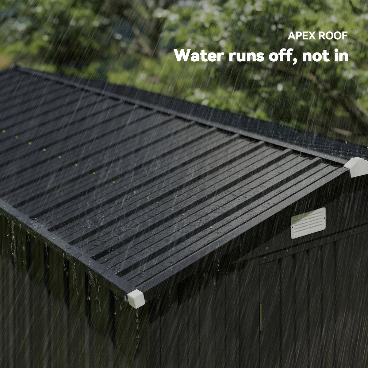 Dark grey apex roof panel with water-shedding ridges for garden shed
