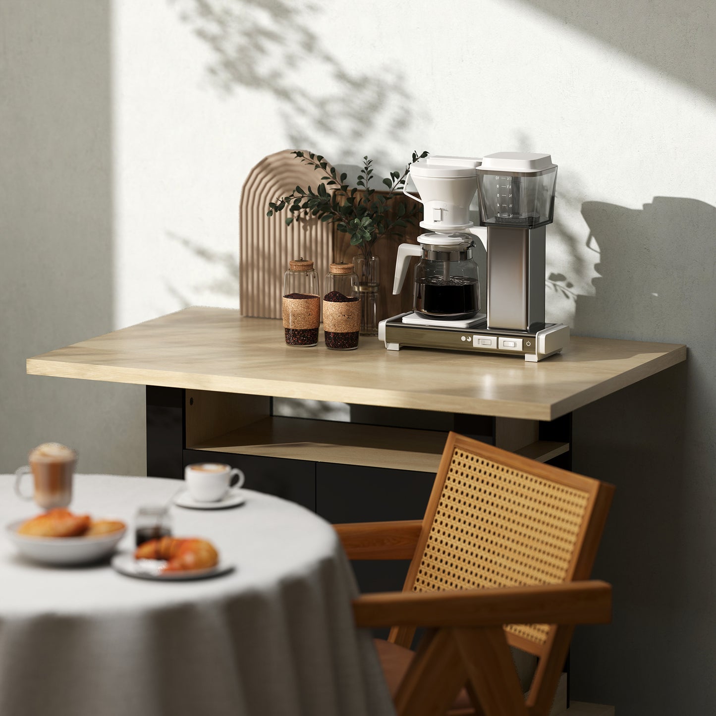 HOMCOM Kitchen Island With Spice Rack And Storage, Large Tabletop For 4 People, Adjustable Shelves, Black And Natural