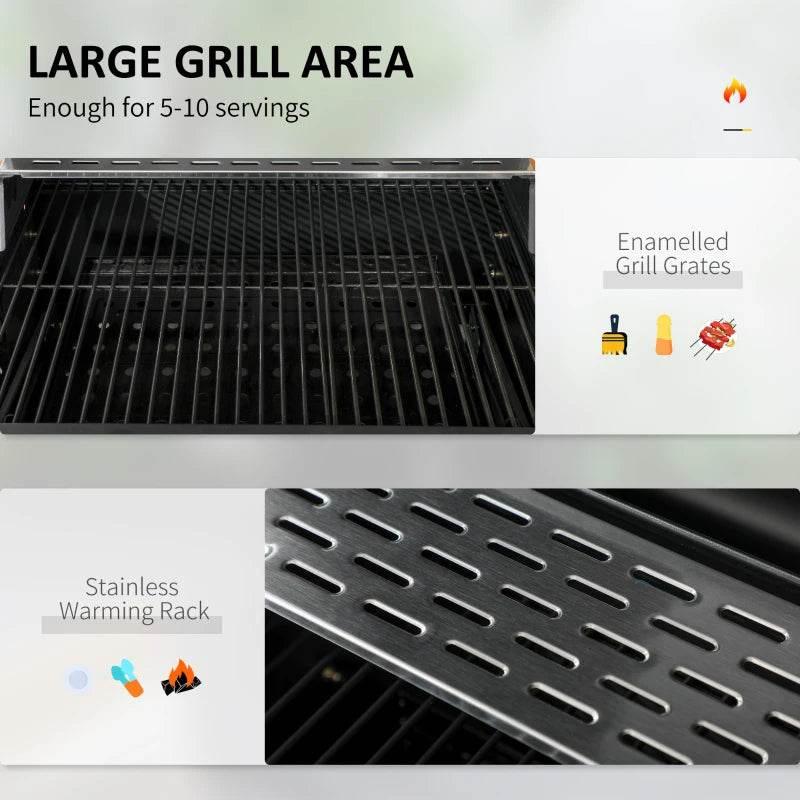 Open charcoal grill showing enamel-style grates and a stainless warming rack