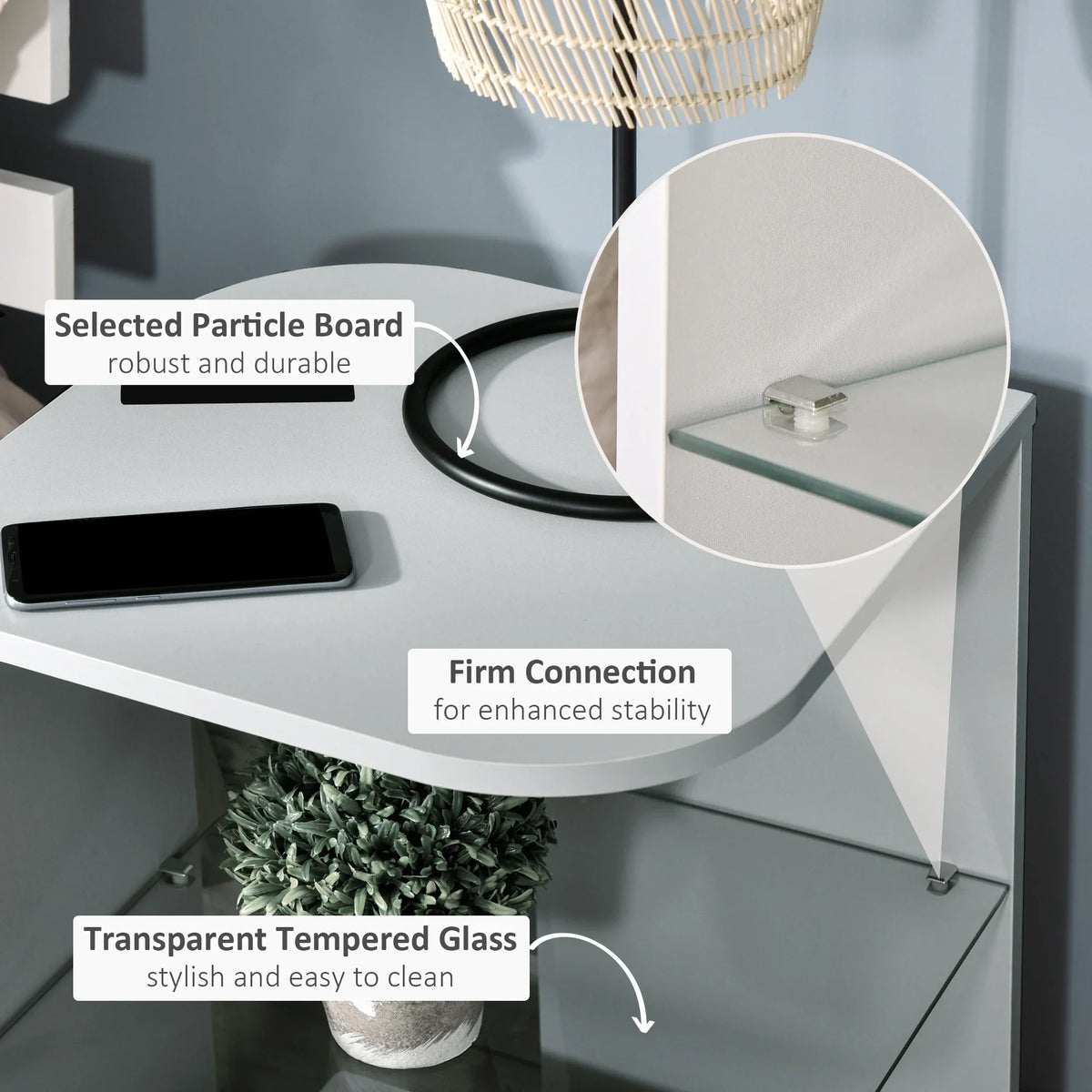 Grey side table with tempered glass shelf and sturdy particle board frame, curved edges
