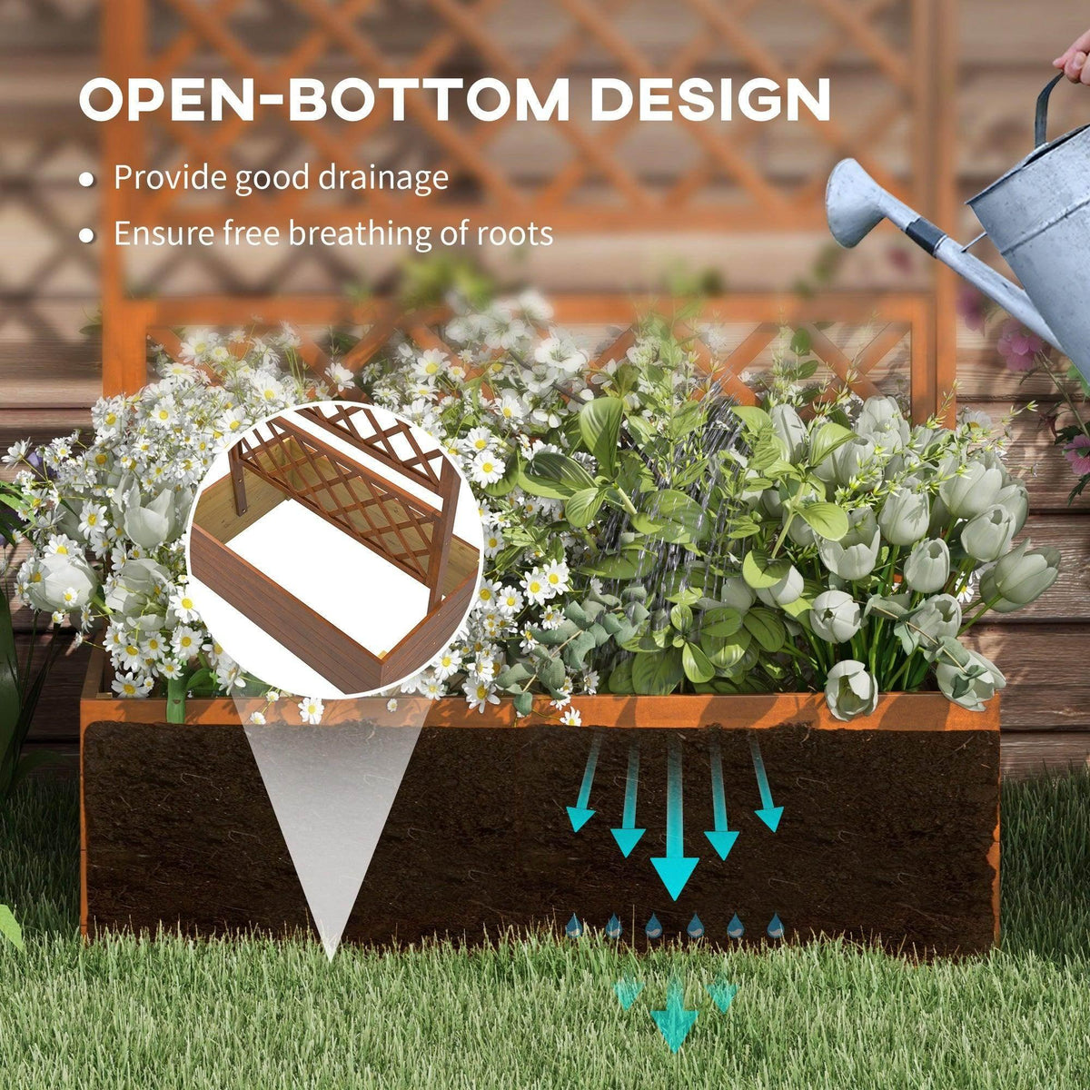 Orange raised garden bed with wooden trellis and open-bottom planter drainage
