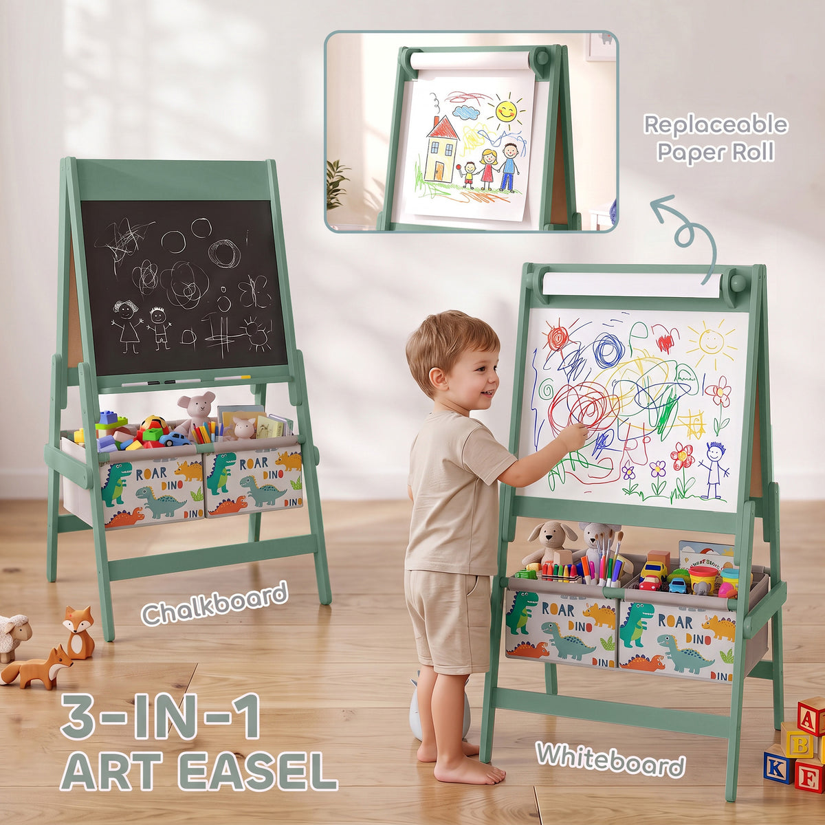 Kids art easel set with chalkboard and whiteboard paper roll, showing child in front