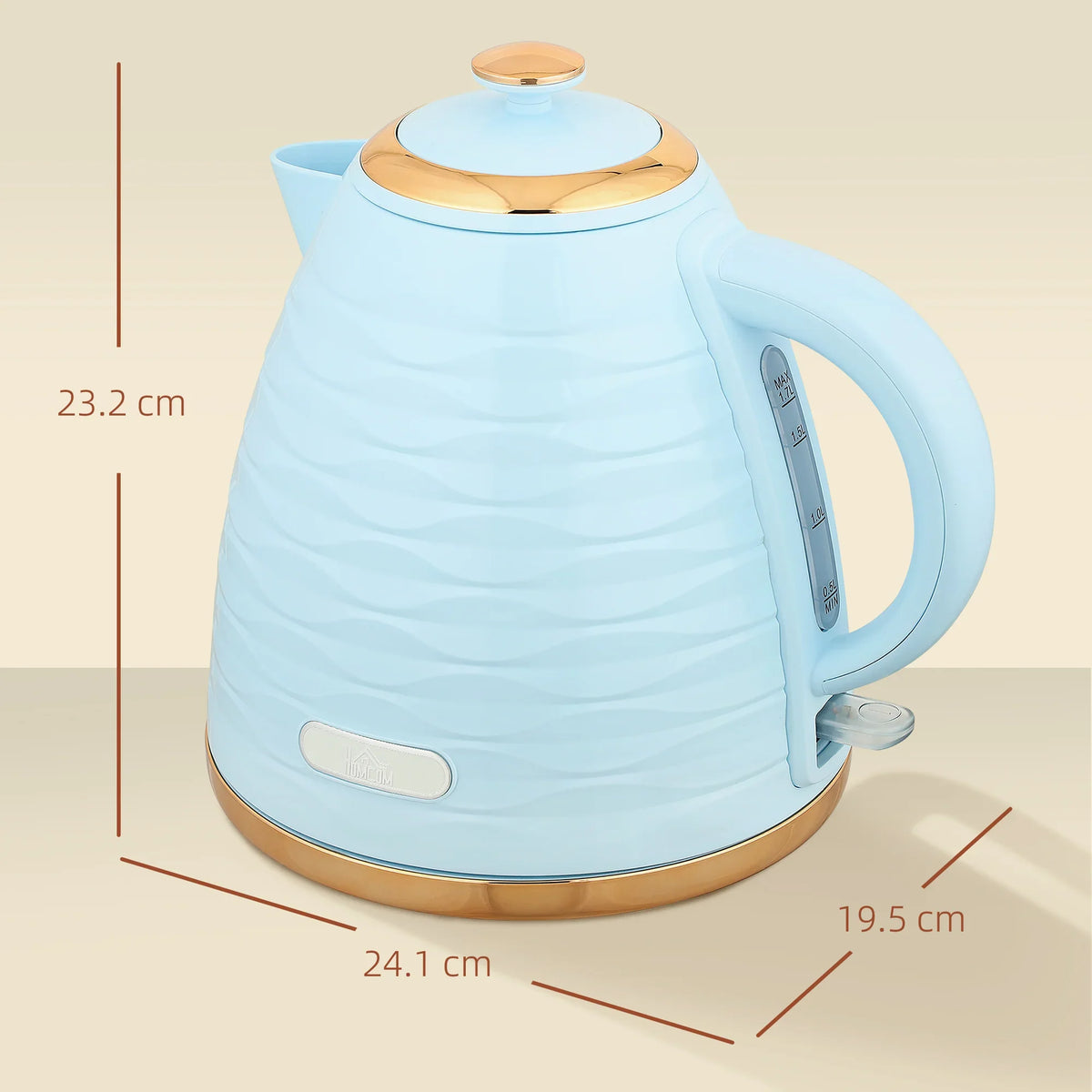 Light blue electric kettle with gold lid and base, showing height and width dimensions.