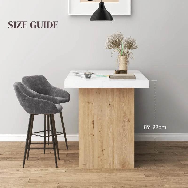 Grey velvet bar stool pair with curved backs, metal legs, and counter-height size guide.