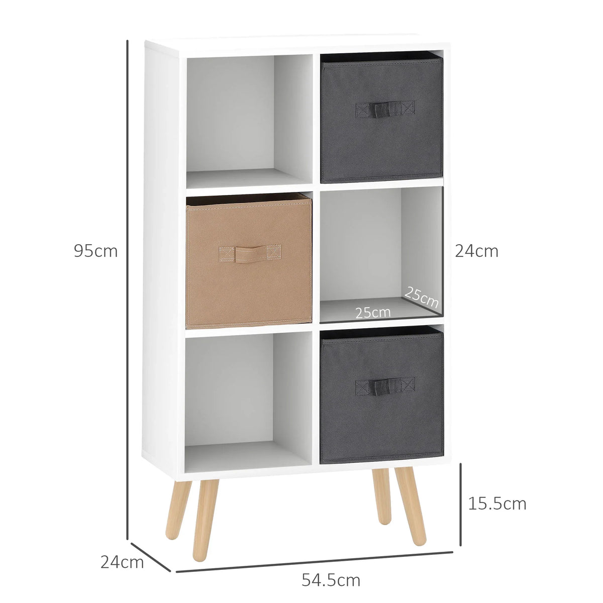 White 6-cube storage cabinet with open shelves and three fabric drawers, dimensions shown
