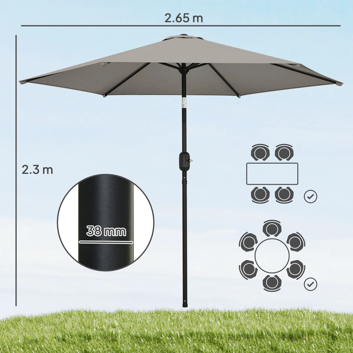 Light grey garden parasol umbrella with aluminium pole, tilt mechanism, and vented top