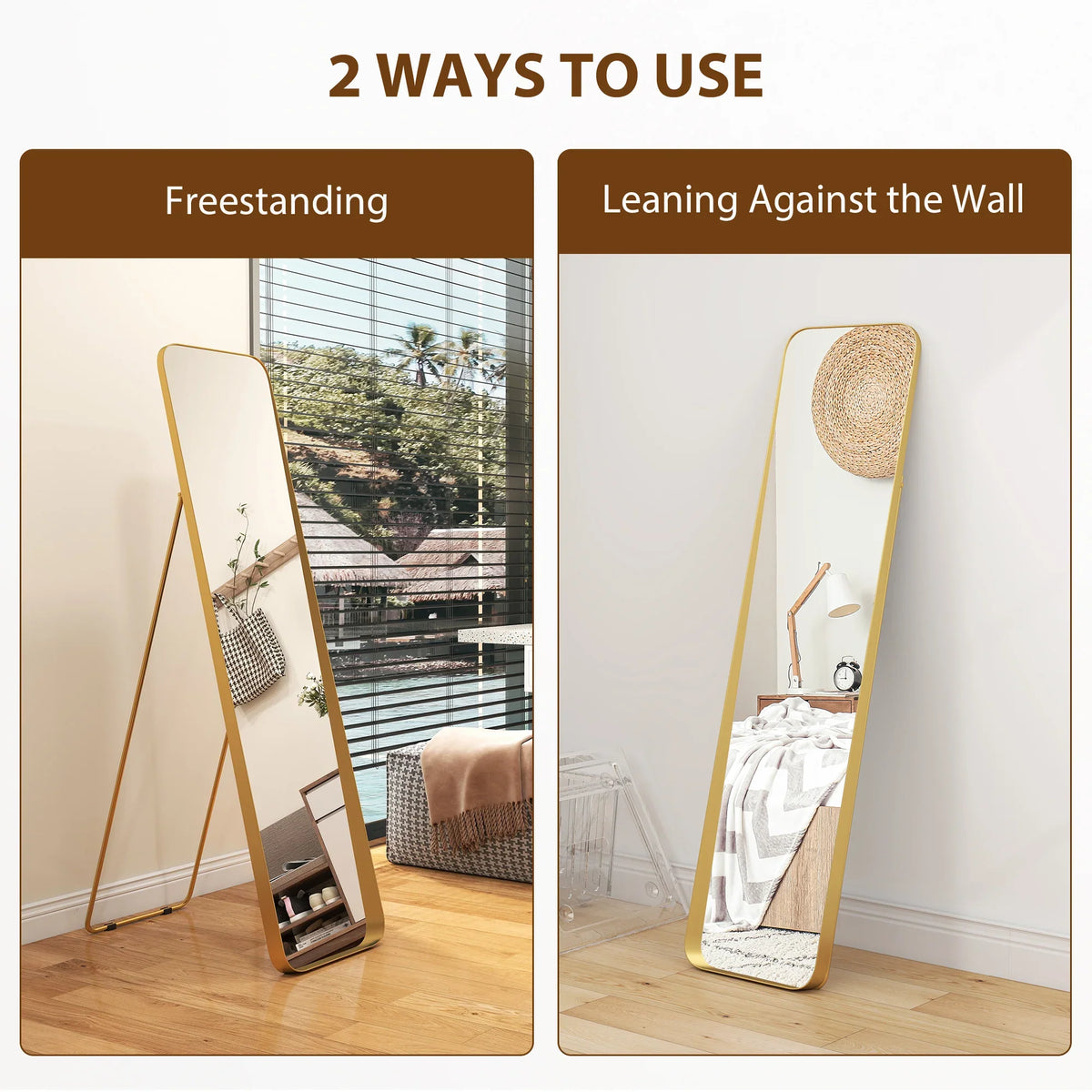 Full-length rectangular mirror shown freestanding and leaning against wall, gold-tone frame